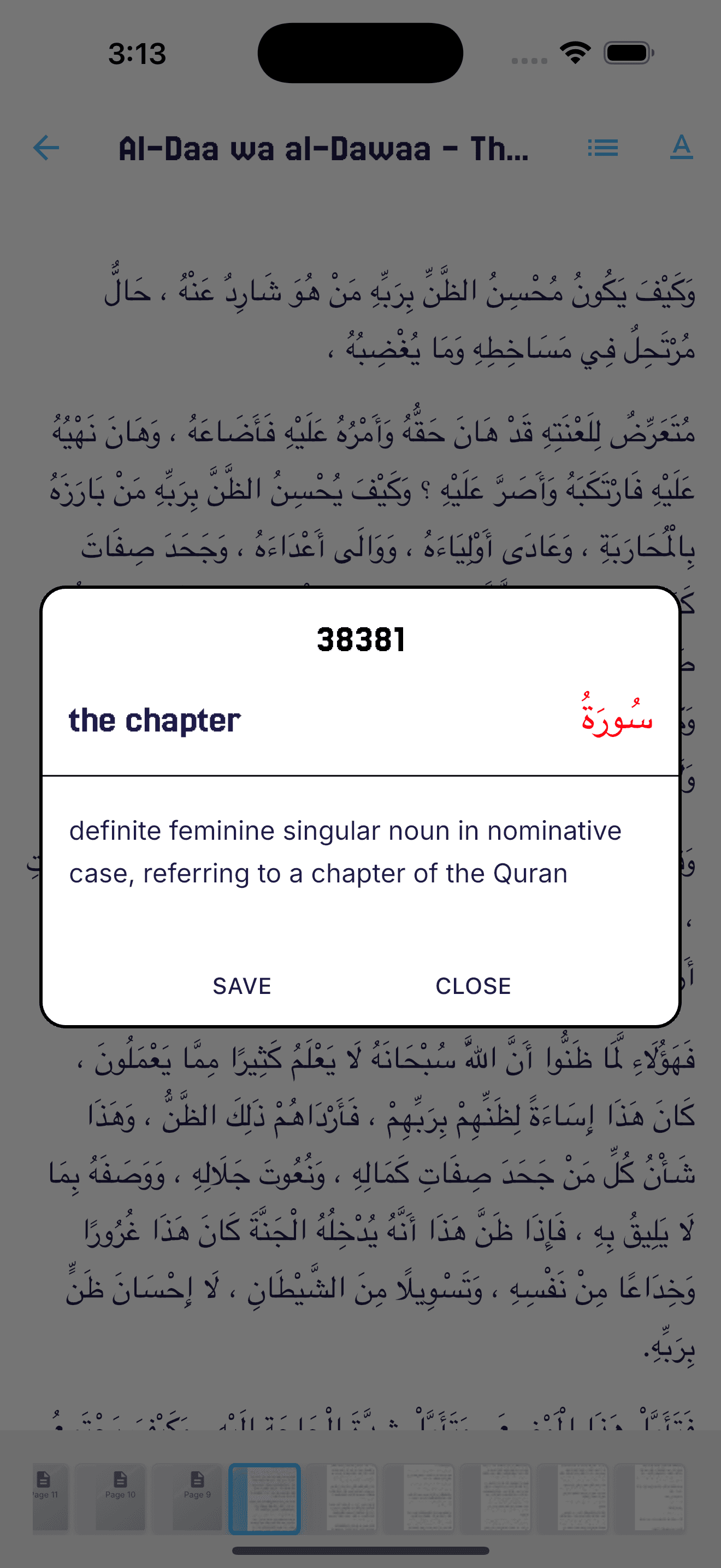 Vocabulary popup displaying Arabic word translation with grammatical details