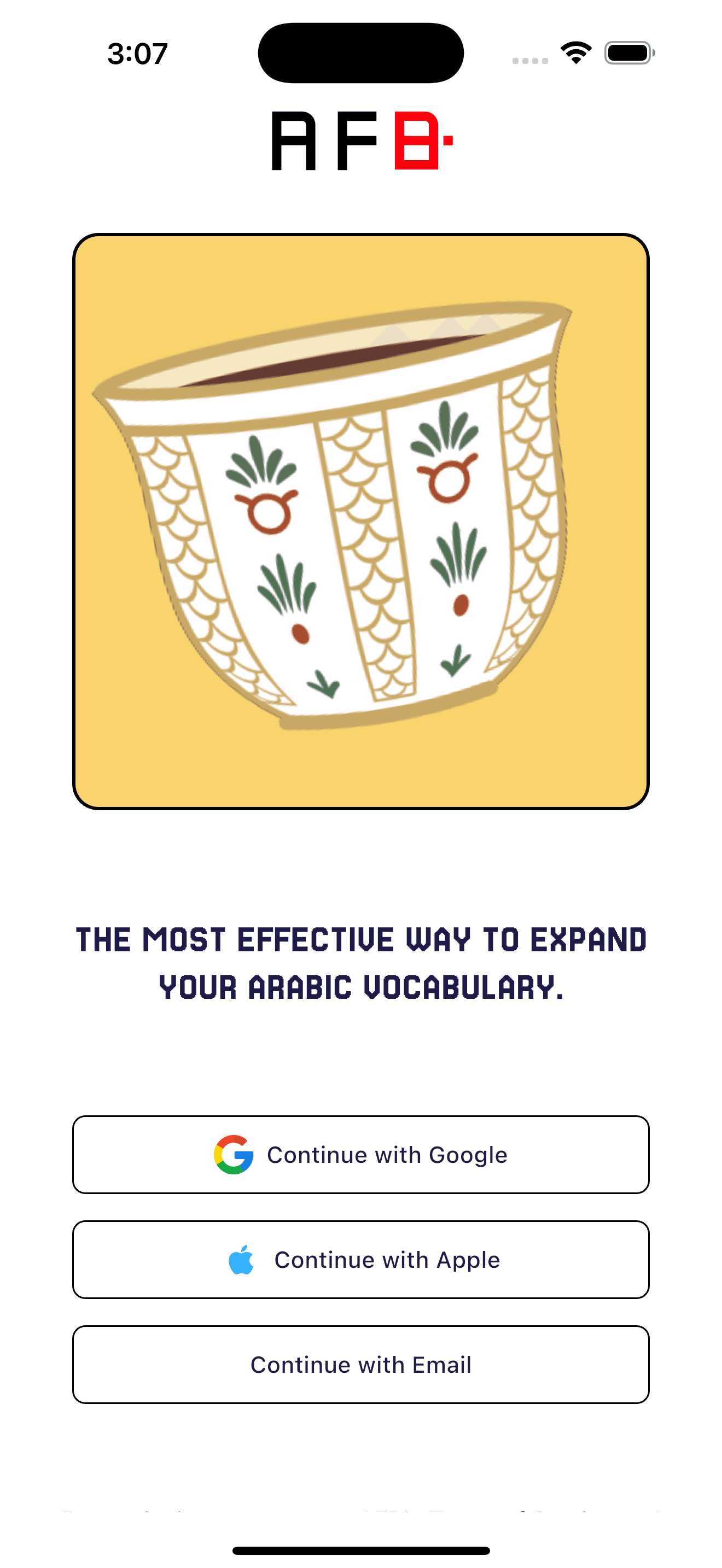 Login screen with Google, Apple, and email authentication options