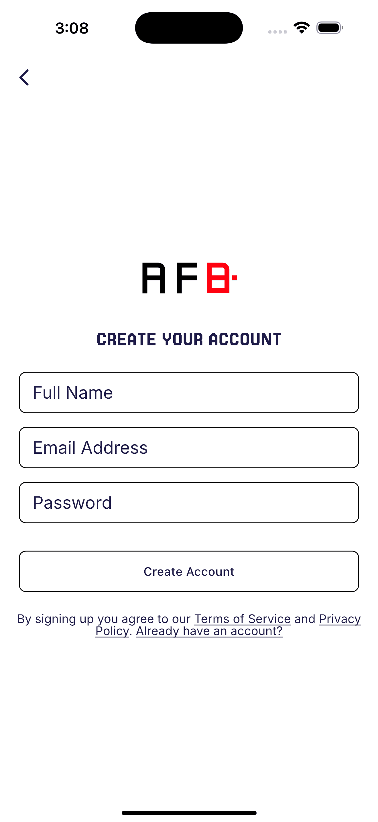 Sign-up screen for creating new AFB account